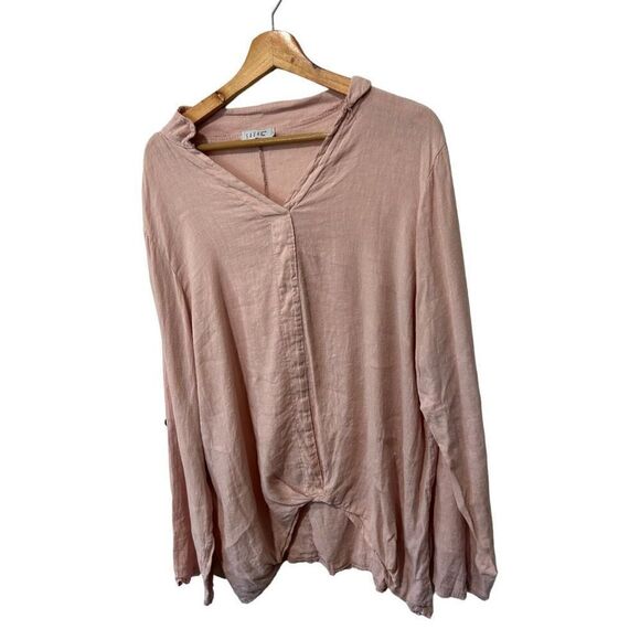 Saga Blush Pink 100% linen Italy Asymmetrical V-Neck Adjustable Cuff Blouse Size - Picture 7 of 16